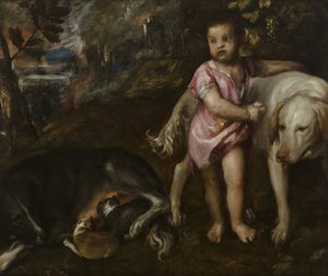 Garçon avec chiens dans un paysage