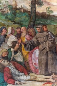 Saint Antoine réattachant le pied à un jeune homme, École du Saint (détail) - Titian (c.1488 1576)