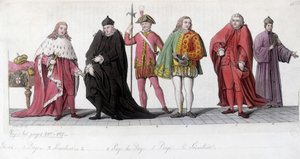 Nobles vénitiens (Doge, Page et Sénateur). Gravure inspirée par Tiziano Vecellio dit Le Titien (1485-1576) et reproduite dans les mosaïques de la Basilique Saint-Marc. Dans « Le costume ancien et moderne » 1819-1820, par Jules Ferrario. - Titian (c.1488 1576) (after)