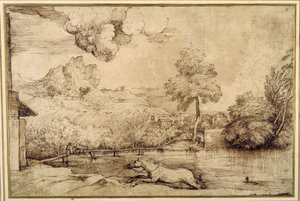 Paysage : un cheval sans cavalier poursuivi par un serpent - Titian (c.1488 1576)