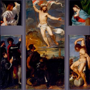 La résurrection, La Vierge, Saint Sébastien et les sponsors. Panneaux du polyptyque Averoldi - Titian (c.1488 1576)