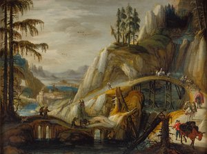 Voyageurs dans un paysage alpin