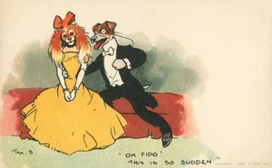 Chiens habillés en couple romantique (lithographie en couleur) - Tom Browne
