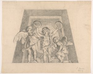 Trois putti avec tambourins et trompettes, conception pour la lunette de la Sala delle Muse, Musée Pio-Clementino, Vatican - Tommaso Maria Conca