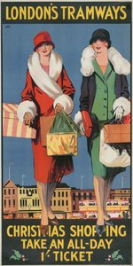 Shopping de Noël, prenez un billet toute la journée, affiche des tramways du London County Council LCC, 1926
