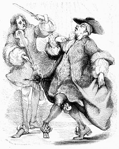 Molière : Le bourgeois gentilhomme, M. Jourdain danse sous la direction de son maître de musique. Gravure de Tony Johannot dans l