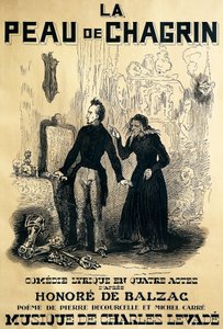 Affiche pour Le peau de chagrin, opéra comique, livret de Pierre Decourcelle et Michel Carre, musique de Charles Levade, d