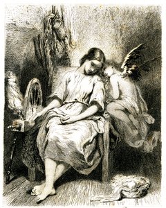 Jeune femme (fileuse) dormant près de sa roue - un angelot penché sur son épaule - sommeil - rêve - rêverie - amour - gravure (eau-forte 1845) par Tony Johannot (Antoine Johannot dit) - Tony Johannot