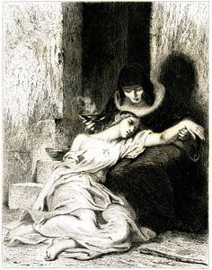 Jeune femme visiblement souffrante sur les genoux d