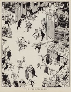 Les navetteurs se précipitant pour attraper le train de 17h15 sur le point de quitter la gare (lithographie) - Tony Sarg