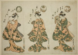 Trois jeunes femmes avec des animaux de compagnie - Torii Kiyohiro