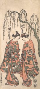 Jeunes amoureux sous un saule pleureur, leurs mains jointes, leurs têtes penchées, 1754 - Torii Kiyohiro