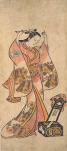 Sanjo Kantaro en tant que femme arrangeant ses cheveux devant un miroir laqué, avant 1763