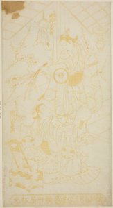 Les acteurs Tamazawa Saijiro I en page Umezaburo et Segawa Kikunojo I en Oroku dans la pièce "Sazareishi Suehiro Genji," jouée au théâtre Nakamura en janvier 1744