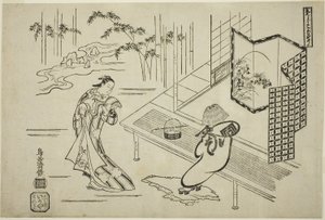 Les acteurs Nakamura Takesaburo I comme Kewaizaka no Shosho et Ichikawa Danjuro II comme Soga no Goro déguisés en komuso dans la pièce "Bando Ichi Kotobuki Soga," jouée au théâtre Nakamura au premier mois - Torii Kiyomasu I