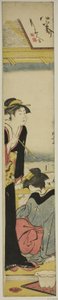 Geisha et servante sur un balcon surplombant la baie - Torii Kiyonaga