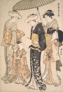 Fille samouraï de haut rang avec quatre servantes, de la série A Brocade of Eastern M..., vers 1784 - Torii Kiyonaga