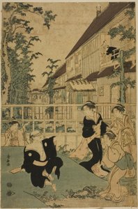 Amusements en plein air à la maison de thé Kankanro à Yoshiwara - Torii Kiyonaga