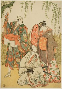 Les acteurs Ichikawa Yaozo III en Shiragiku, Ichikawa Danjuro V en marionnettiste Dekurokubei, et Sawamura Sojuro III en Soga no Juro, dans le joruri "Shinobukoi Yanagi no Katsura Otoko", joué au Théâtre Nakamura en janvier 1785 - Torii Kiyonaga