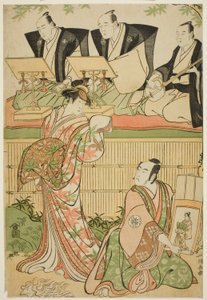 Les Acteurs Matsumoto Koshiro IV comme Ukita Sakingo et Sawamura Sojuro III comme le fantôme de la courtisane Takao, dans la pièce "Ominaeshi Sugata no Hatsuaki," jouée au Théâtre Nakamura, 1788 - Torii Kiyonaga