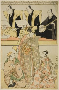 Les Acteurs Nakayama Kojuro VI (Nakamura Nakazo I) comme Chidori, Sawamura Sojuro III comme Shigemori, et Ichikawa Yaozo III comme Yoshibei, dans le shosa "Fukyoku Edo Geisha," joué au Théâtre Nakamura en novembre 1785 - Torii Kiyonaga