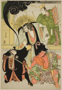 Les acteurs Nakayama Kojuro VI (Nakamura Nakazo I) comme Hatchotsubute no Kiheiji, Otani Hiroji III comme Miura Arajiro, Ichikawa Yaozo III comme Akugenta Yoshihira, Sawamura Sojuro III comme Taira no Shigemori, dans le shosa "Fukyoku Edo Geisha," joué au  - Torii Kiyonaga