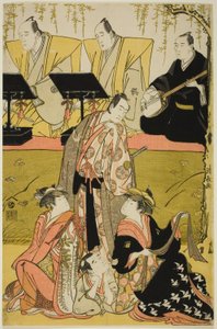 Les acteurs Sawamura Sojuro III en Soga no Juro, Osagawa Tsuneyo II en Oiso no Tora, Azuma Tozo III en Miura Katagai, et Otani Tokuji I en Danzaburo, dans le joruri "Chidorigake Koi no Tamaboko," joué au théâtre Ichimura en janvier 1784