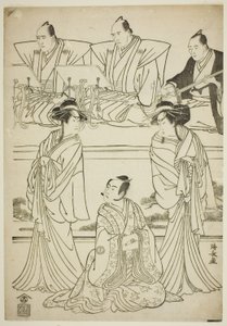 Les acteurs Segawa Kikunojo III en tant que fantôme de Yatsuhashi, Sawamura Sojuro III en tant que Soga no Juro, et Ichikawa Danjuro V en tant que fantôme de Seigen, dans la pièce "Sono Omokage Matsu ni Sakura," jouée au Théâtre Nakamura en janvier 1783 - Torii Kiyonaga
