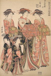 La courtisane Wakakusa du bordel Chojiya, et les assistantes Asano et Midori - Torii Kiyonaga