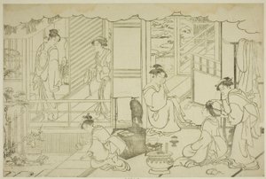 Le premier bain de la nouvelle année (Yudono hajime), du livre illustré "Couleurs de la triple aube (Saishiki mitsu no asa)" - Torii Kiyonaga