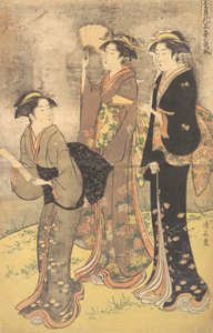 Trois jeunes femmes se promenant sur la rive de la rivière Sumida - Torii Kiyonaga
