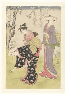 Deux femmes et une fille sous un cerisier en fleurs - Torii Kiyonaga
