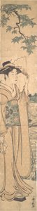 Femme avec éventail sur les rives de la rivière Sumida - Torii Kiyonaga