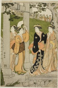 Femmes visitant le sanctuaire Mimeguri - Torii Kiyonaga