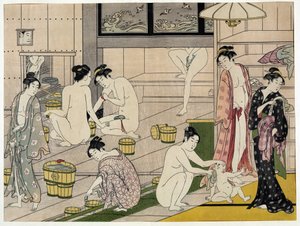 Femmes dans un bain public. Estampe japonaise par Torii Kiyonaga (1752-1815), vers 1785. École Torii (ukiyo-e)