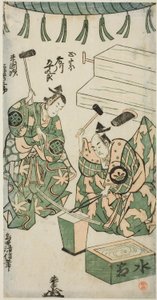 Les acteurs Fujikawa Heikuro en tant que Masamune et Matsushima Kichisaburo en tant que Rai Kunitsugu dans la pièce "Shin Usuyuki Monogatari", jouée au théâtre Nakamura en juin 1746 - Torii Kiyonobu II