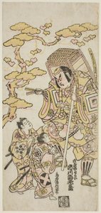 Les acteurs Ichikawa Ebizo II comme Musashibo Benkei, Sakata Shintaro (?) comme Soga no Goro, et Takigawa Kinya (?) comme Soga no Juro dans la pièce "Sazareishi Suehiro Genji," jouée au Théâtre Nakamura au premier mois, 1744 - Torii Kiyonobu II