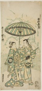 Les acteurs Ichimura Kamezo I comme Kanto Koroku et Arashi Tominosuke I comme Hayasaki dans la pièce "Hokazo Yunzei Hachinoki," jouée au théâtre Ichimura en novembre 1748 - Torii Kiyonobu II