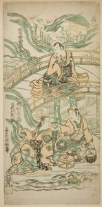 Les acteurs Matsumoto Koshiro II comme Kumasaka Chohan, Ichimura Kamezo I comme Ise no Saburo, et Sanogawa Ichimatsu I comme Ushiwakamaru dans la pièce "Hatsu Tora Kurama Genji," jouée au théâtre Ichimura en janvier 1749