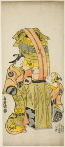 Les acteurs Ichikawa Danjuro II en Kamada Matahachi et Ichikawa Monnosuke I en Hisamatsu dans la pièce "Osome Hisamatsu Shinju Tamoto no Shirashibori," jouée au théâtre Morita, 1720