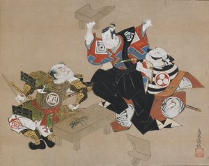 Les acteurs Ichikawa Danjuro II comme Soga no Goro et Ogawa Zengoro comme Kudo Suketsune - Torii Kiyonobu I