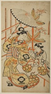 Les acteurs Matsumoto Hyozo en courtisane et Nakagawa Hanzaburo en jeune homme