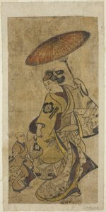 Les acteurs Matsumoto Hyozo en femme tenant un parapluie et Nakamura Shichisaburo I en jeune garçon - Torii Kiyonobu I