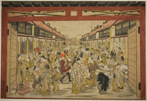 La porte principale, Nouveau Yoshiwara, vers 1745 (impression sur bois colorée à la main; toku-oban yoko-e, beni-e)