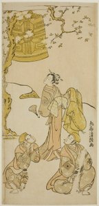 Les acteurs Segawa Kikunojo II, Ichikawa Komazo II et Arashi Otohachi I dans la pièce "Fude Hajime Soga no Tamazusa," jouée au théâtre Nakamura en janvier 1768
