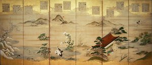 Écran à six panneaux avec des oiseaux et des fleurs des douze mois - Tosa Mitsunari