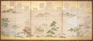 Écran à six panneaux avec des oiseaux et des fleurs des douze mois - Tosa Mitsunari