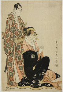 Les acteurs Segawa Kikunojo III (D) comme la courtisane Katsuragi et Sawamura Sojuro III (G) comme Nagoya Sanza Motoharu
