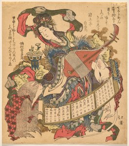 Benzaiten jouant du biwa avec un singe et un rat blanc