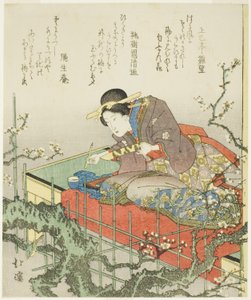 Femme assise tenant un pinceau et une carte de poème - Totoya Hokkei
